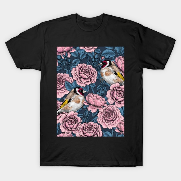 Pink Rose flowers and goldfinch birds T-Shirt by katerinamk